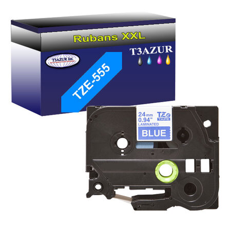 Ruban pour étiquettes laminées générique Brother Tze-555 pour étiqueteuses P-touch - Texte blanc sur fond bleu - T3AZUR