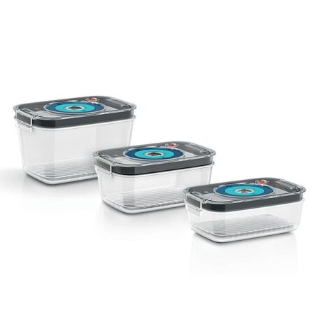 Bosch - 3 boites de conservation sous vide hermétiques : 0 7l  1 0l et 1 5l - bac d'égouttement - indicateur jour et mois - tritan