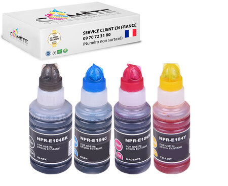 4 recharges 104 compatibles pour imprimantes epson ecotank - 1 noir + 1 cyan + 1 magenta + 1 jaune