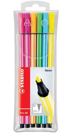 Pochette de 6 feutres de dessin pen 68 pte ogive moyenne 1 mm fluo stabilo