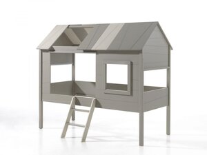 CHARLOTTE Lit cabane pin massif gris et beige 90x200cm + Rideaux
