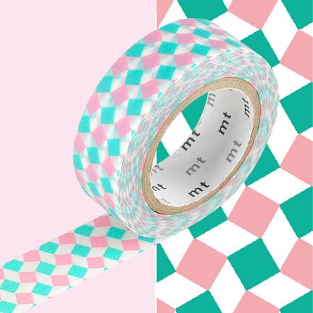 Masking tape petits carrés rose et vert - 1 5 cm x 7 m