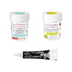 2 colorants alimentaires vert citron-vert d'eau + Stylo glaçage noir