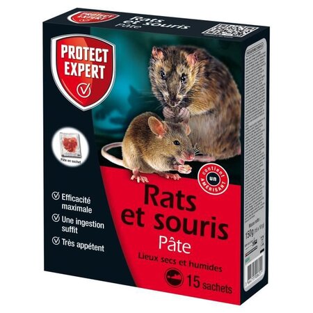 PROTECT EXPERT RASOU150 Pâte Rats et Souris 150g - 15 pâtes en sachets pré-dosés de 10g - Lieux secs et humides