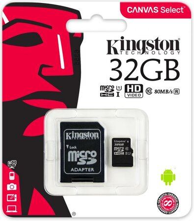 Carte mémoire Micro Secure Digital (micro SD) Kingston Canvas Select 32 Go SDHC Class 10 avec adaptateur