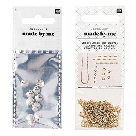 12 mini perles coquillages argentées + fermoirs fins et chaînes dorés