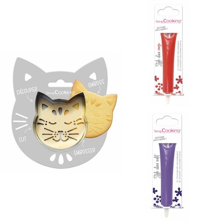 Kit pour biscuit en relief Chat + 2 Stylos au chocolat rouge et violet