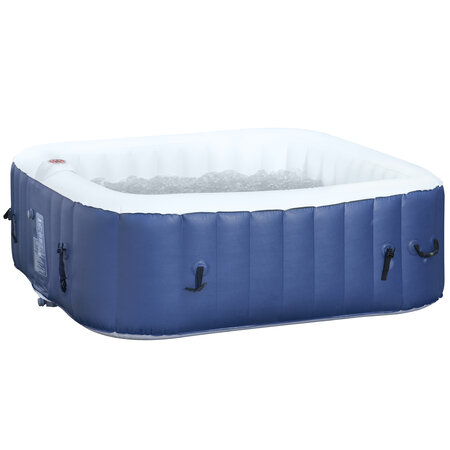 Spa gonflable carré 4 personnes dim. 1 85L x 1 85l x 0 65H m - 100 buses d'air hydro-massantes - fonctions chauffage filtration - liner PVC blanc bleu