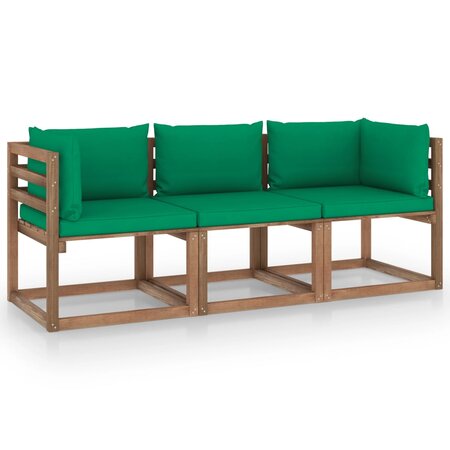 vidaXL Canapé palette de jardin 3 places et coussins vert Pinède