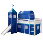 Lit Simple Blanc 90x200 en hauteur avec echelle Rideau Tour Tunnel Bleu et toboggan