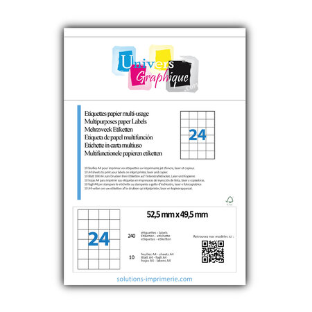 Lot de 10 planches a4 de 24 étiquettes à bords vifs 52,5 x 49,5 mm en papier blanc 70g/m² multifonction