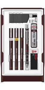 rOtring Set College: Porte-mine 0.5 + 3 Isograph 0.25/0.35/0.5mm + gomme + étui 12 mines HB + flacon encre 23 ml + attache compas