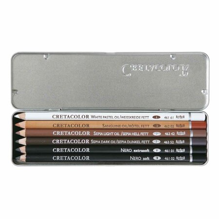 Set 6 crayons gras pour esquisses - blanc  sanguine  sépia clair  sépia foncé  noir extra-tendre  tendre