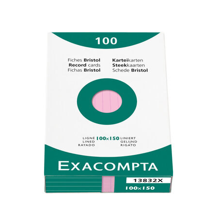 Étui de 100 fiches bristol ligné non perforé 100x150mm Rose x 10 EXACOMPTA