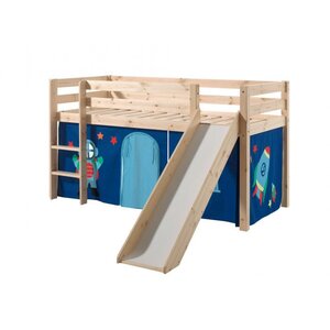 PINO Lit Compact avec Toboggan Pin Massif Nature + Rideau de lit Astro