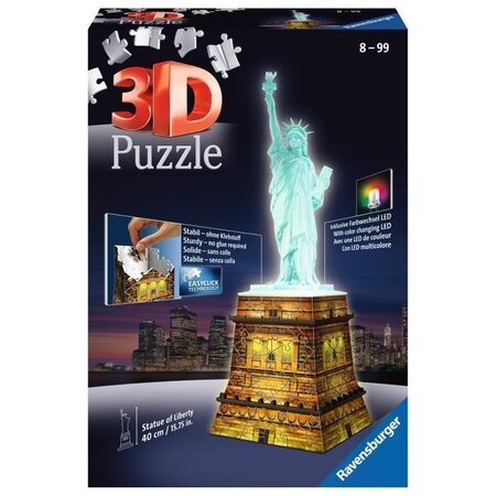 Puzzle 3d statue de la liberté illuminée - ravensburger - monument 108 pieces - sans colle - avec leds couleur - des 8 ans