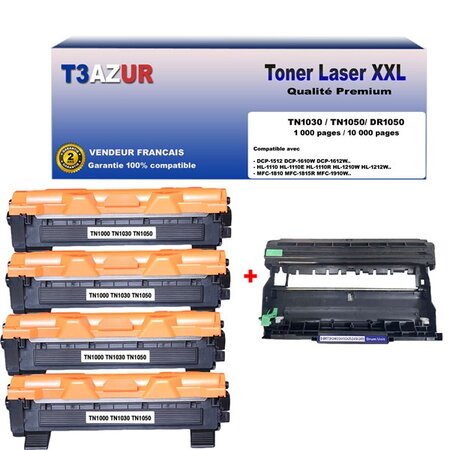 Kit tambour+ 4 toners compatibles avec brother tn1050  dr1050 pour brother hl1110  hl1112  hl1210w  hl1212w - t3azur