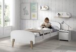 Lit simple + sommier + chevet + Etagères 45cm/65cm + Coffre jouets + barrière lit