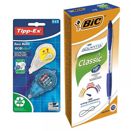 Pack de 12 stylos bille bleu atlantis + ruban correcteur bic