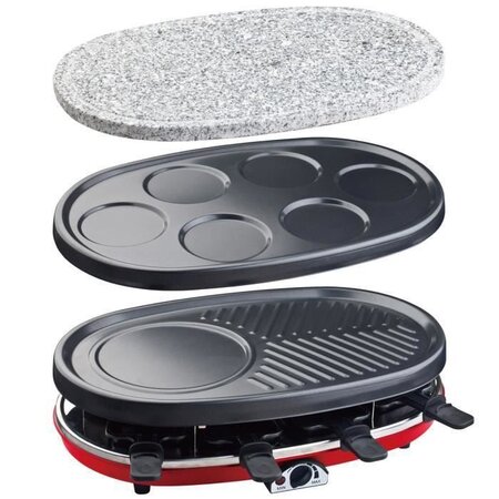 HKoeNIG RP418 - Appareil a Raclette 4 en 1 - 8 personnes - 6 mini crepes - Grill - Température réglable - 1500W  - Plaques amovibles