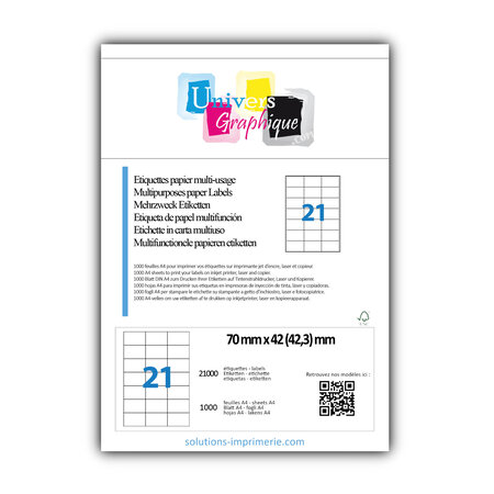 Lot de 1000 planches a4 de 21 étiquettes à bords vifs 70 x 42,3 mm en papier blanc 70g/m² multifonction