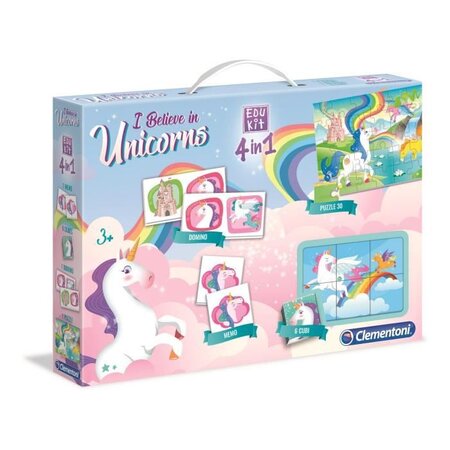CLEMENTONI Edukit 4 en 1 - Licornes - Mémo, Domino, Puzzle et Cubes