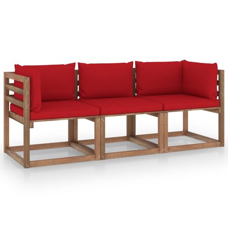 vidaXL Canapé palette de jardin 3 places et coussins rouge Pinède