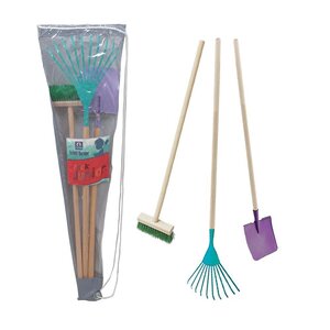 Set 3 outils de jardin enfant + sac de transport pelle + balai + râteau