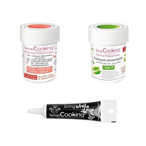2 colorants alimentaires corail-vert + Stylo glaçage noir