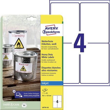 Boite de 40 etiquettes polyester inaltérable jet d'encre 139 2 x 99 1 mm blanche avery zweckform