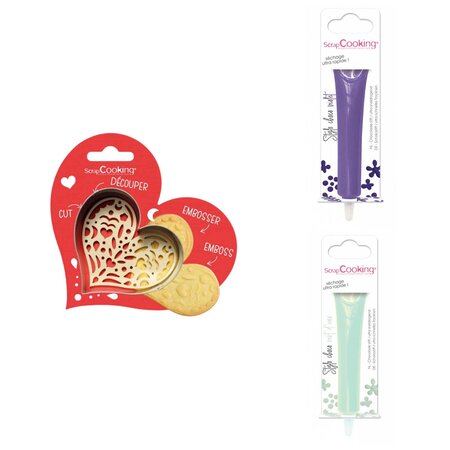 Kit pour biscuit en relief Coeur + 2 Stylos au chocolat violet et vert d'eau