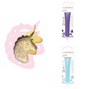 Kit pour biscuit en relief Licorne + 2 Stylos au chocolat violet et bleu pastel