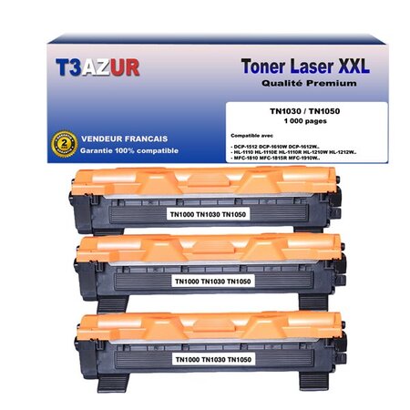 3 toners compatibles avec brother tn1050 pour brother hl1110  hl1112  hl1210w  hl1212w - 1 000 pages - t3azur