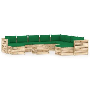 vidaXL Salon de jardin 11 Pièces avec coussins Bois imprégné de vert