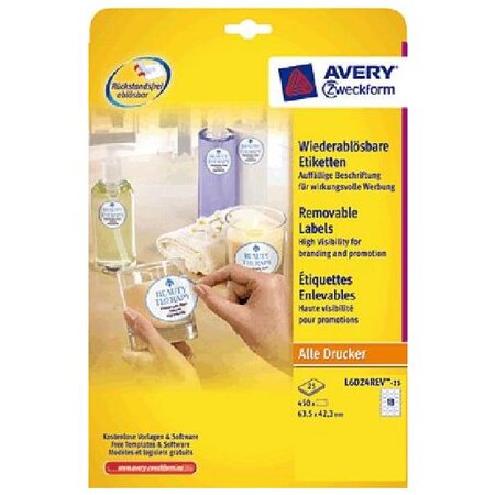 Stick+lift étiquettes, 63,5 x 42,3mm, ovales avery zweckform