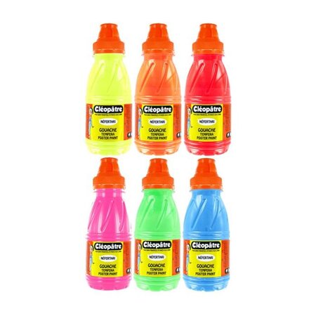 Lot 6 flacons Gouache Néfertari Fluo 250 ml, Jaune, Orange, Rouge, Rose, Vert et Bleu CLÉOPÂTRE