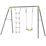 Balançoire 2 agrès portique avec balançoire et échelle dim. 2 65L x 1 38l x 1 75H m métal époxy anticorrosion PE gris anthracite vert pomme