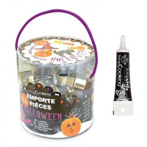 Seau 16 emporte-pièces à pâtisserie Halloween + stylo alimentaire noir