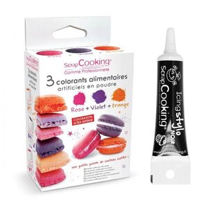 3 colorants alimentaires orange violet rose + Stylo de glaçage noir