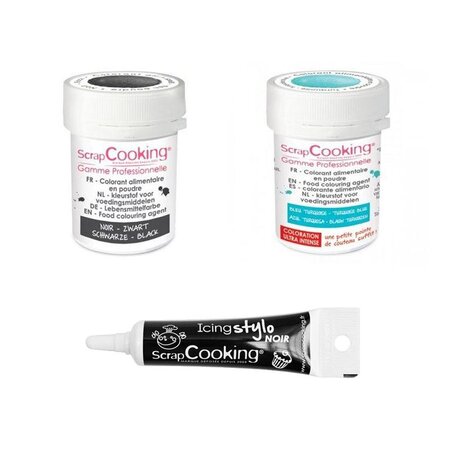 2 colorants alimentaires turquoise-noir + Stylo glaçage noir