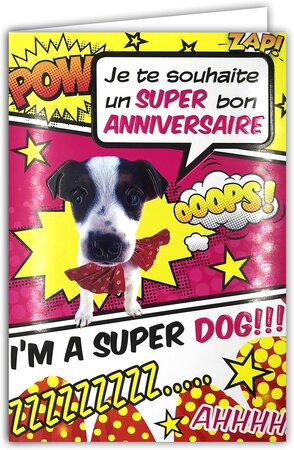 Carte Rose Bon Anniversaire Super Héros Chien Chiot avec Enveloppe 12x17 5cm
