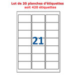 Lot de 20 planches étiquettes autocollantes blanches sur feuille a4 : 63 5 x 38 1 mm (21 étiquettes)