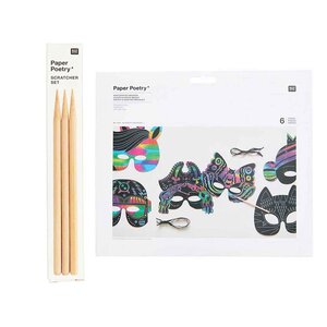 6 masques en papier à gratter arc-en-ciel + 3 stylets
