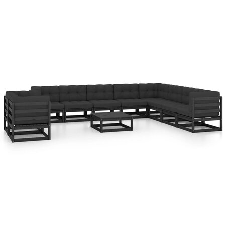 vidaXL Salon de jardin 11 Pièces avec coussins Noir Bois de pin massif