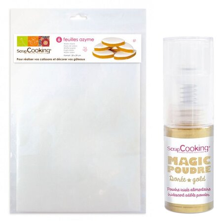 6 feuilles azyme blanches + Poudre alimentaire irisée dorée