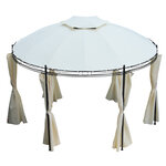 Tonnelle pavillon de jardin rond dim. Ø 3 5L x 2 75H m double toit 6 rideaux latéraux polyester crème métal époxy noir