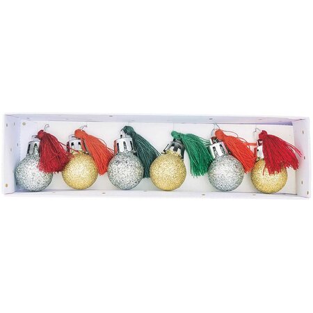 6 mini boules de Noël à paillettes et pompons rouge et vert