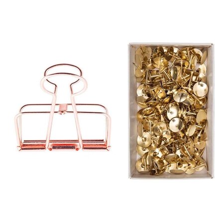 6 pinces double-clip cuivré 19 mm + 150 punaises dorées