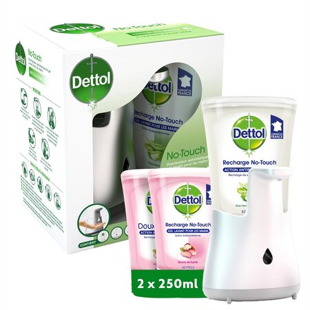 No-Touch - Kit Distributeur Savon Mains Sans Contact et 2 Recharges Karité 250ml DETTOL