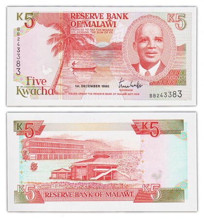 Billet de collection 5 kwacha 1990 malawi - neuf - p24a